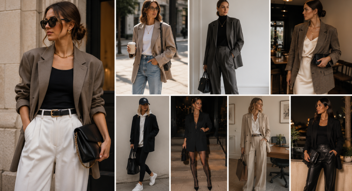 How to style an oversized blazer. 8 different outfit combinations. Oversized blazer styling ideas for work, casual, dressy.